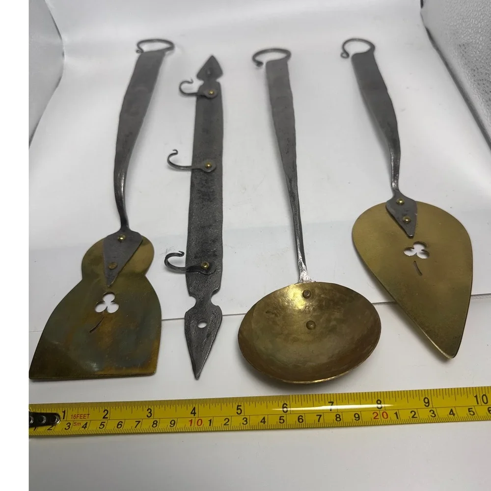 Plummer Hand Forged Iron Brass Kitchen Utensil Set 4pc Ladle Spatula Server Rack